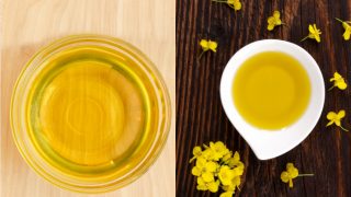 菜籽油和植物油放在两个分开的白碗里