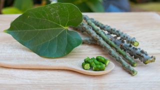 在木板上放置吉萝的叶和茎