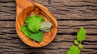 放在木制表面上的木勺中柠檬香油叶子的平面图