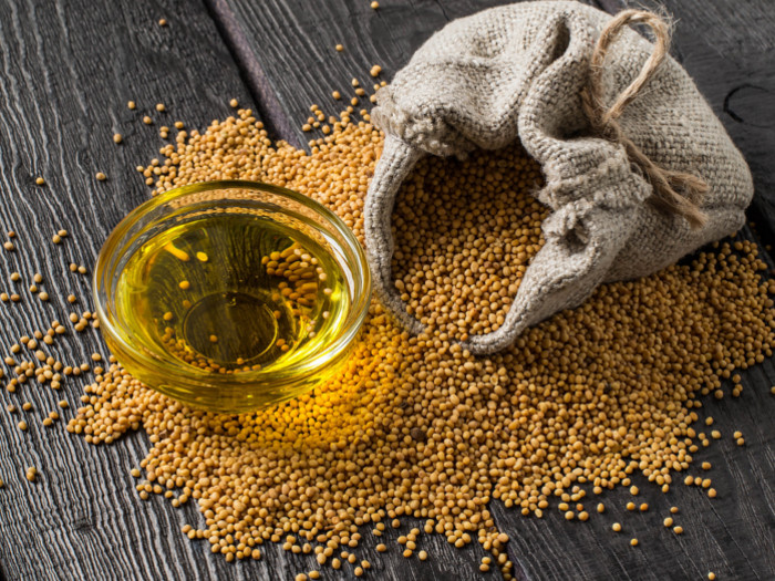 一碗芥末油和一粒芥末籽散落在地板上