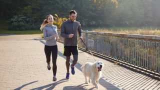 一对年轻夫妇带着他们的爱犬在公园里跑步