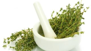 将百里香药草放入研钵中,准备用杵碾碎