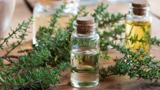 新鲜百里香叶百里香油在木桌瓶