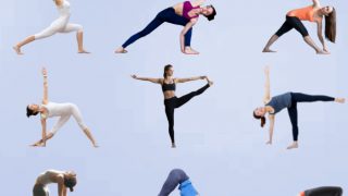 年轻气盛的妇女展示各种瑜伽姿势的