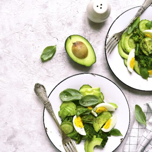 平面脱毒沙拉两段相片 avocado、broccoli、cumber和鸡蛋